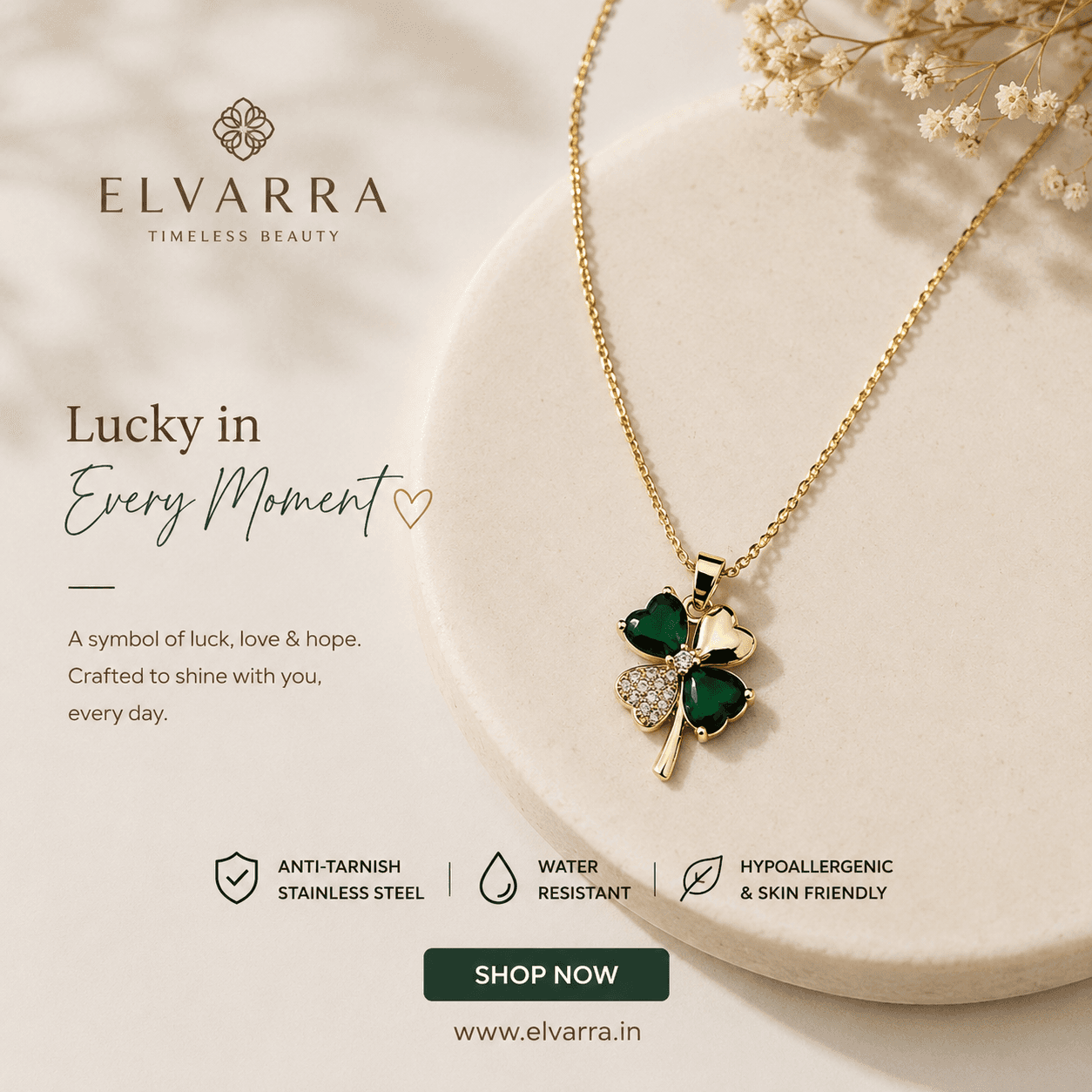 Elvarra Lucky Clover Anti-Tarnish Necklace – Green Crystal Pendant | Waterproof Stainless Steel