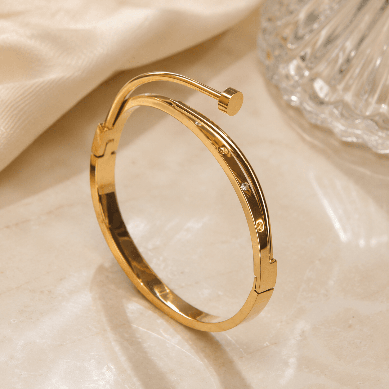 Gold Open Cuff Bracelet – Elegant Anti-Tarnish Bracelet with Stone Details Size 2.6 - alternate