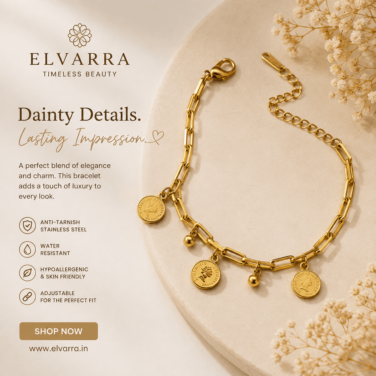 Elvarra Anti-Tarnish Gold Coin Charm Bracelet – Waterproof Stainless Steel Adjustable Bracelet