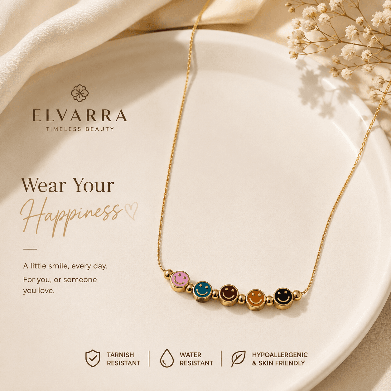Elvarra Colorful Smiley Anti-Tarnish Necklace – Waterproof & Hypoallergenic Stainless Steel