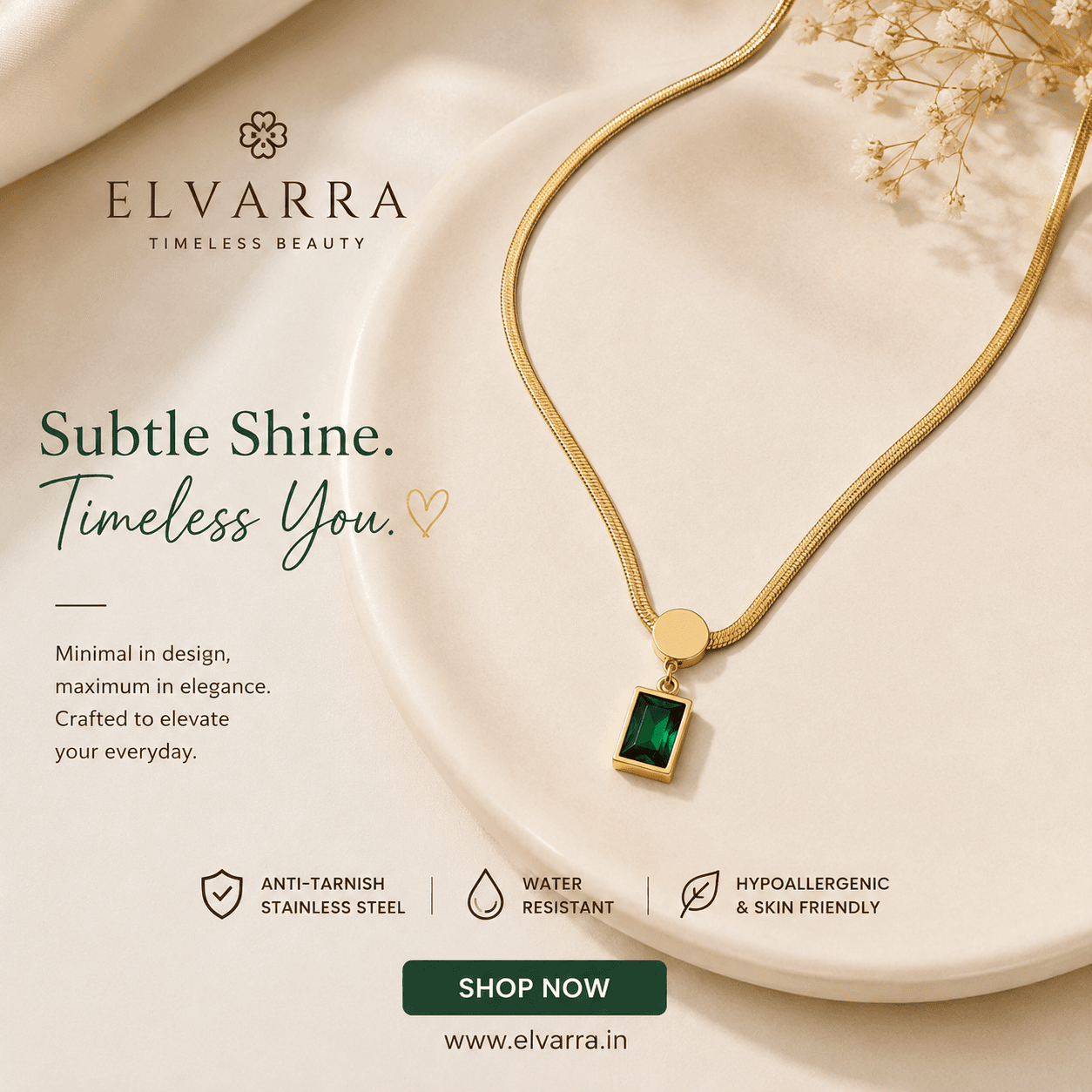 Elvarra Emerald Green Anti-Tarnish Pendant Necklace – Gold Stainless Steel | Waterproof & Hypoallergenic